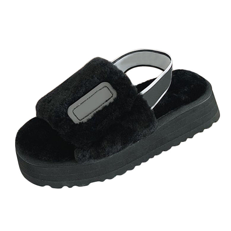 Wool Slippers Disco Slide Thick-Soled Women Slippers Black Luxeara