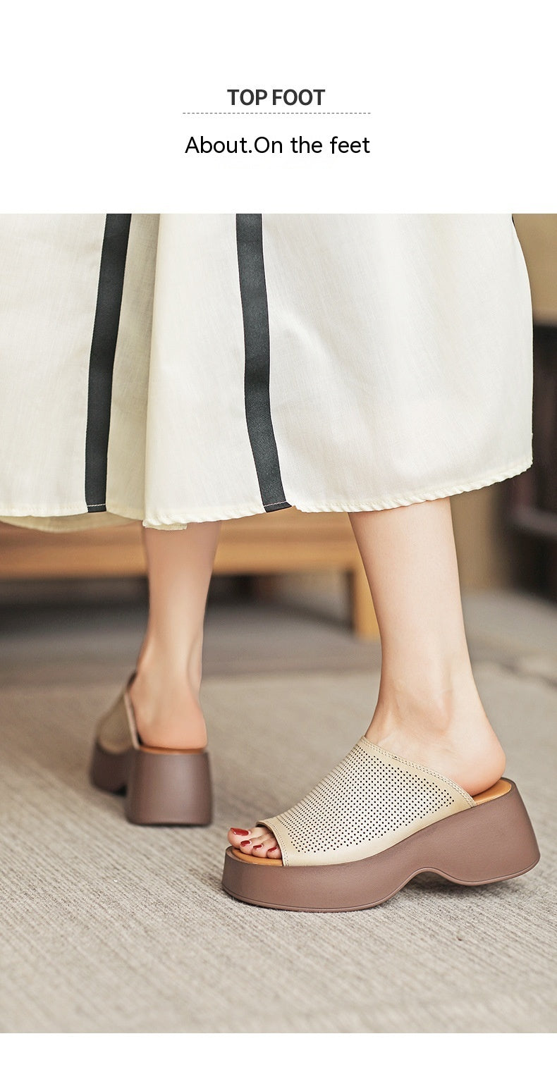 Handmade First Layer Cowhide High-end Breathable Hollow-out Platform Fish Mouth Casual Slippers Luxeara