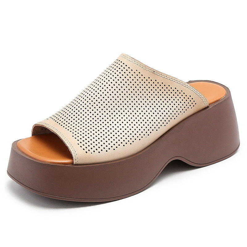 Handmade First Layer Cowhide High-end Breathable Hollow-out Platform Fish Mouth Casual Slippers Luxeara