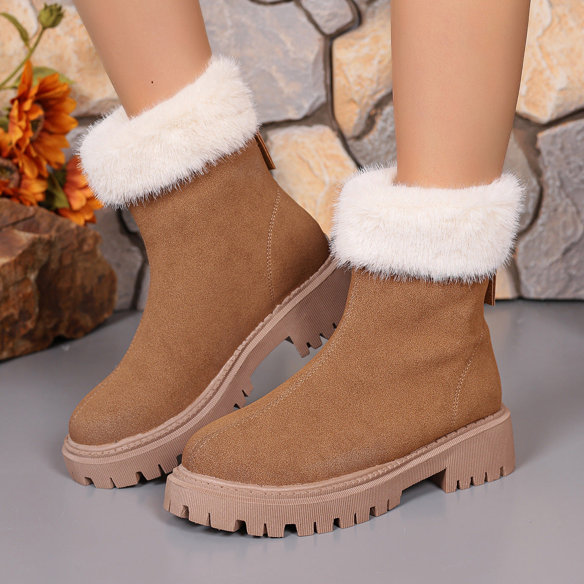 Square-heeled Snow Boots Winter Plus Velvet Platform Plush Shoes Fashion Warm Non-slip Mid-calf Boot For Women Khaki Luxeara
