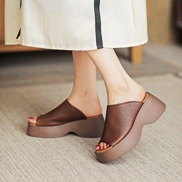 Handmade First Layer Cowhide High-end Breathable Hollow-out Platform Fish Mouth Casual Slippers Luxeara