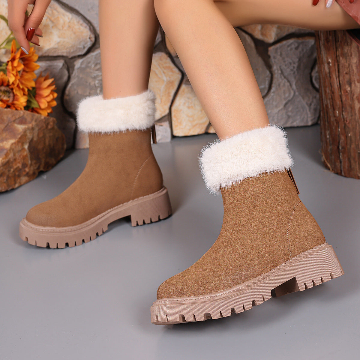 Square-heeled Snow Boots Winter Plus Velvet Platform Plush Shoes Fashion Warm Non-slip Mid-calf Boot For Women Luxeara