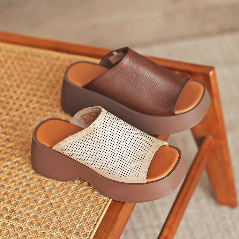 Handmade First Layer Cowhide High-end Breathable Hollow-out Platform Fish Mouth Casual Slippers Luxeara
