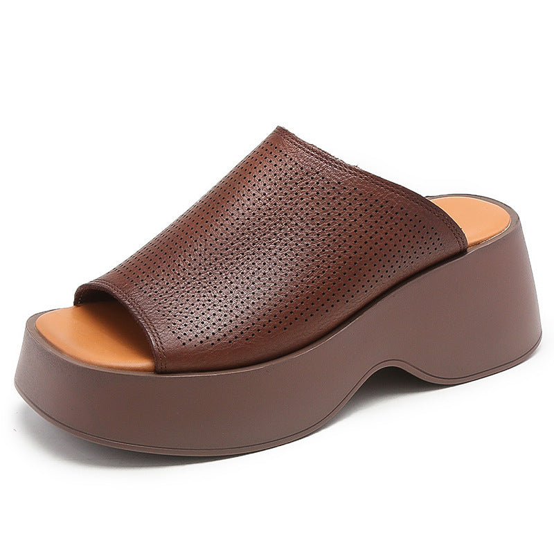 Handmade First Layer Cowhide High-end Breathable Hollow-out Platform Fish Mouth Casual Slippers Brown Luxeara